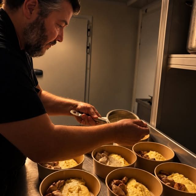 Cuisinier de Maison Aracil dressant des assiettes lors d'un événement traiteur