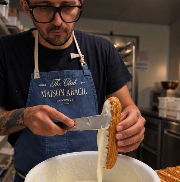 Pâtissier glaçant un éclair à la main dans le laboratoire de Maison Aracil